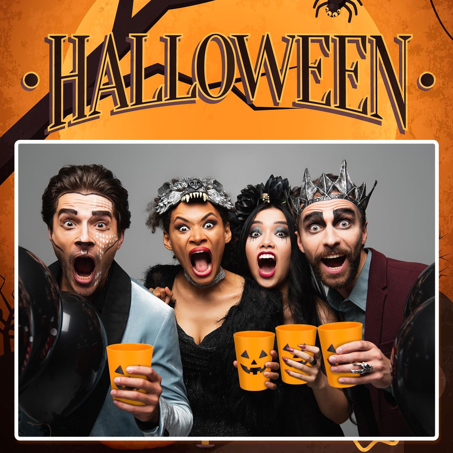 Dandat 48 Pcs Halloween Pumpkin Design Plastic Cups - Reusable Jack O Lantern Cups for Adults Kids Drinks Coffee Juice Party Supplies 8.8 oz