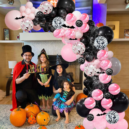 Halloween Balloon Arch Kit 98Pcs Pink and Black Balloon Garland with Ghost Eye Pink Agate Balloons 3D Bat Spider Cobweb for Trick or Treat Day of the Dead Spooky Boo Haunted House Party Decorations
