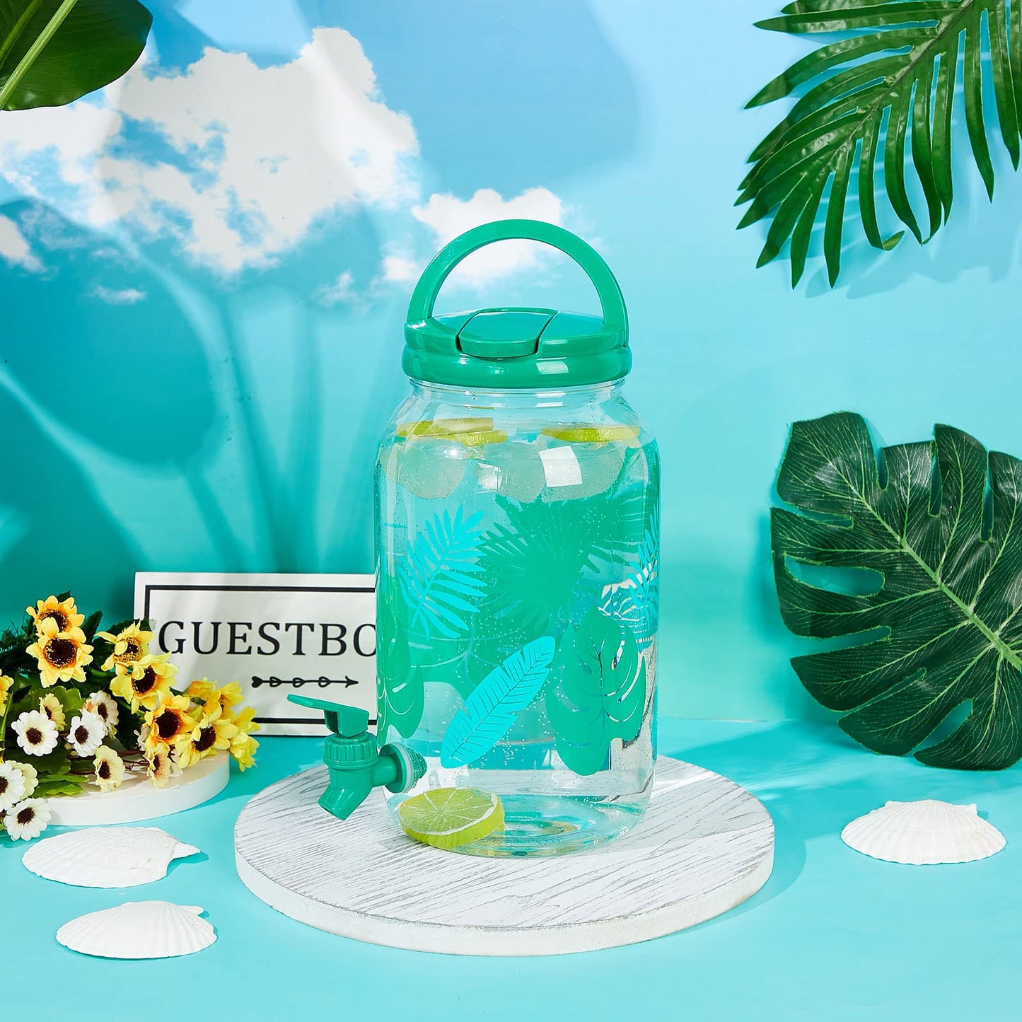 Norme 2 Pcs 1 Gallon Plastic Drink Dispenser Jungle Leaves Theme Iced Beverage Dispenser Tea Jar with Spigot and Carrying Lid Clear Dispenser for Fridge Bar Summer Party