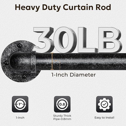 Zeerobee Curtain Rods for Windows 32 to 48, 1 Inch Industrial Wrap Around Vintage Black Curtain Rod, Indoor/Outdoor Room Divider Adjustable Drapery Pole, 32"-48"