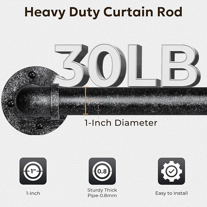 Zeerobee Curtain Rods for Windows 48 to 84, 1 Inch Industrial Wrap Around Vintage Black Curtain Rod, Indoor/Outdoor Room Divider Adjustable Drapery Pole, 48"-86"