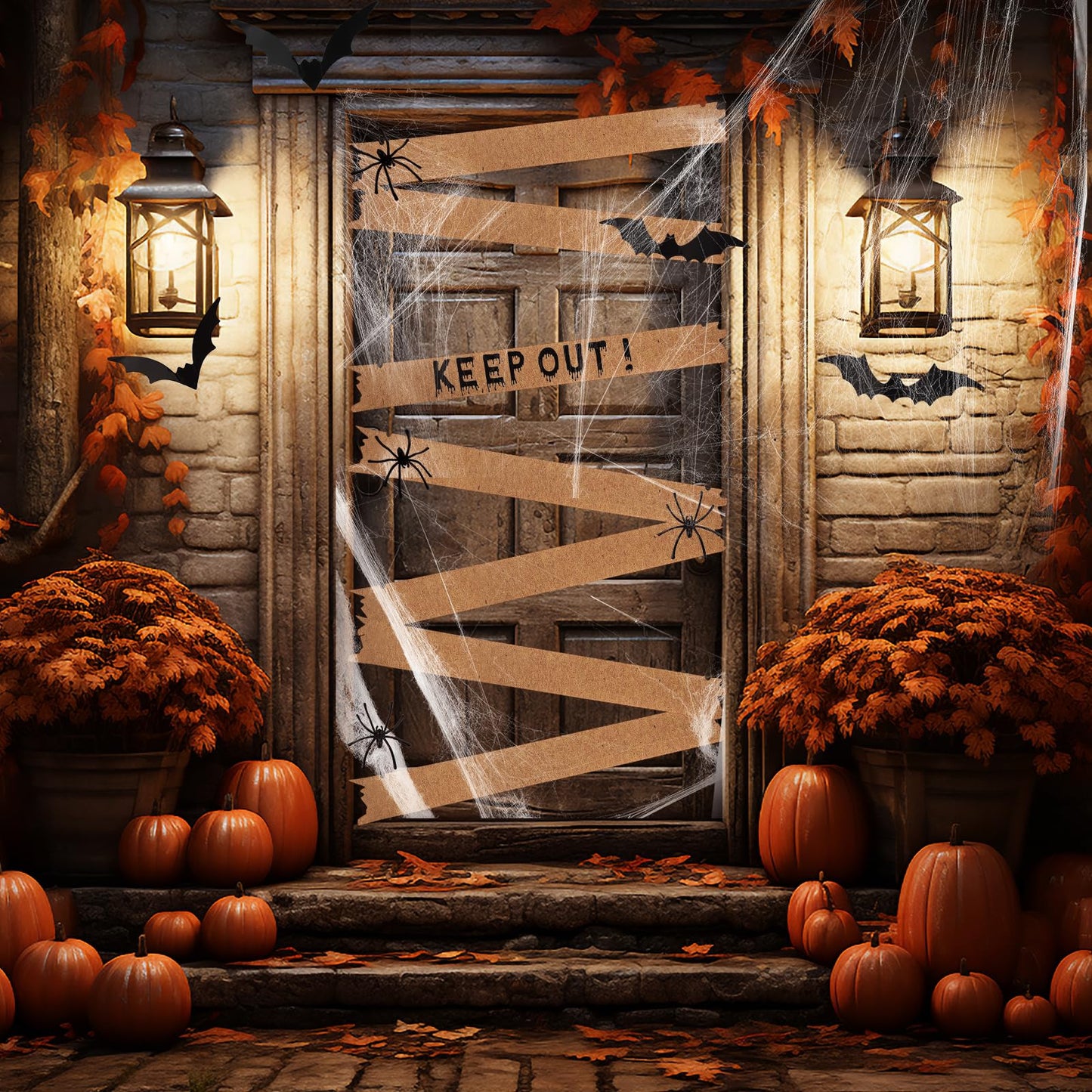 MotiMind Halloween Door Decorations Haunted Window Boards with "Keep Out" Board 3D Bat Stickers Simulation Spider Web Little Spider for Halloween Door Window Wall Terrifying Atmosphere Decor