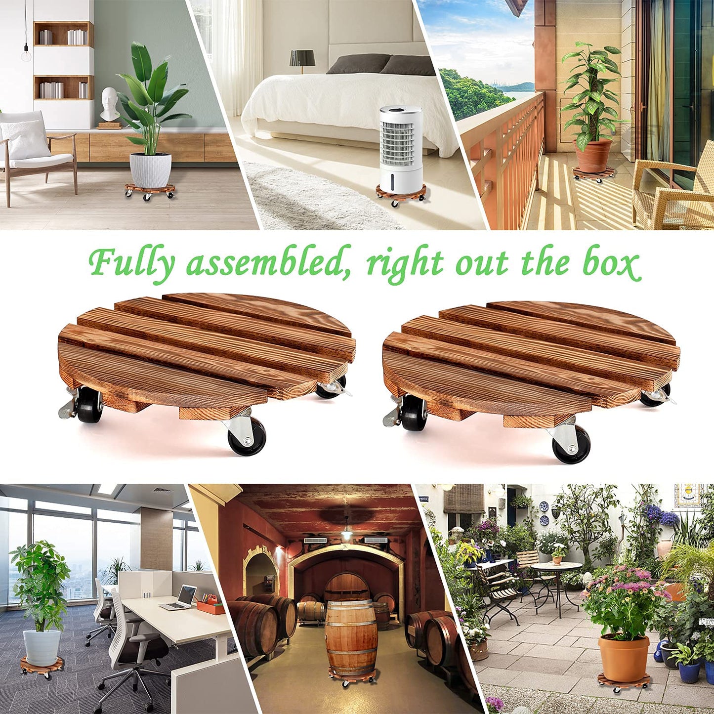 HOHY 2-Pack 12" Plant Caddy Plant Stand with Wheels Heavy Duty Wood Rolling Plant Stand with 2 360° Lockable Wheels,Indoor Outdoor Plant Roller for Large Planters, Flower Pot, Patio