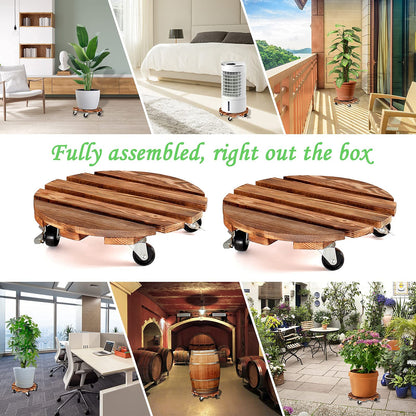 HOHY 2-Pack 12" Plant Caddy Plant Stand with Wheels Heavy Duty Wood Rolling Plant Stand with 2 360° Lockable Wheels,Indoor Outdoor Plant Roller for Large Planters, Flower Pot, Patio