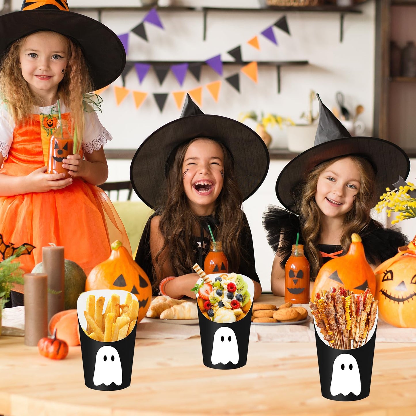 JarThenaAMCS 50 Pcs Halloween Charcuterie Cups with 100 Pcs Sticks Black White Ghost Disposable Appetizer Cups 14 Oz Fench Fry Holder for Trick or Treat Snack Dessert Birthday Party Supplies