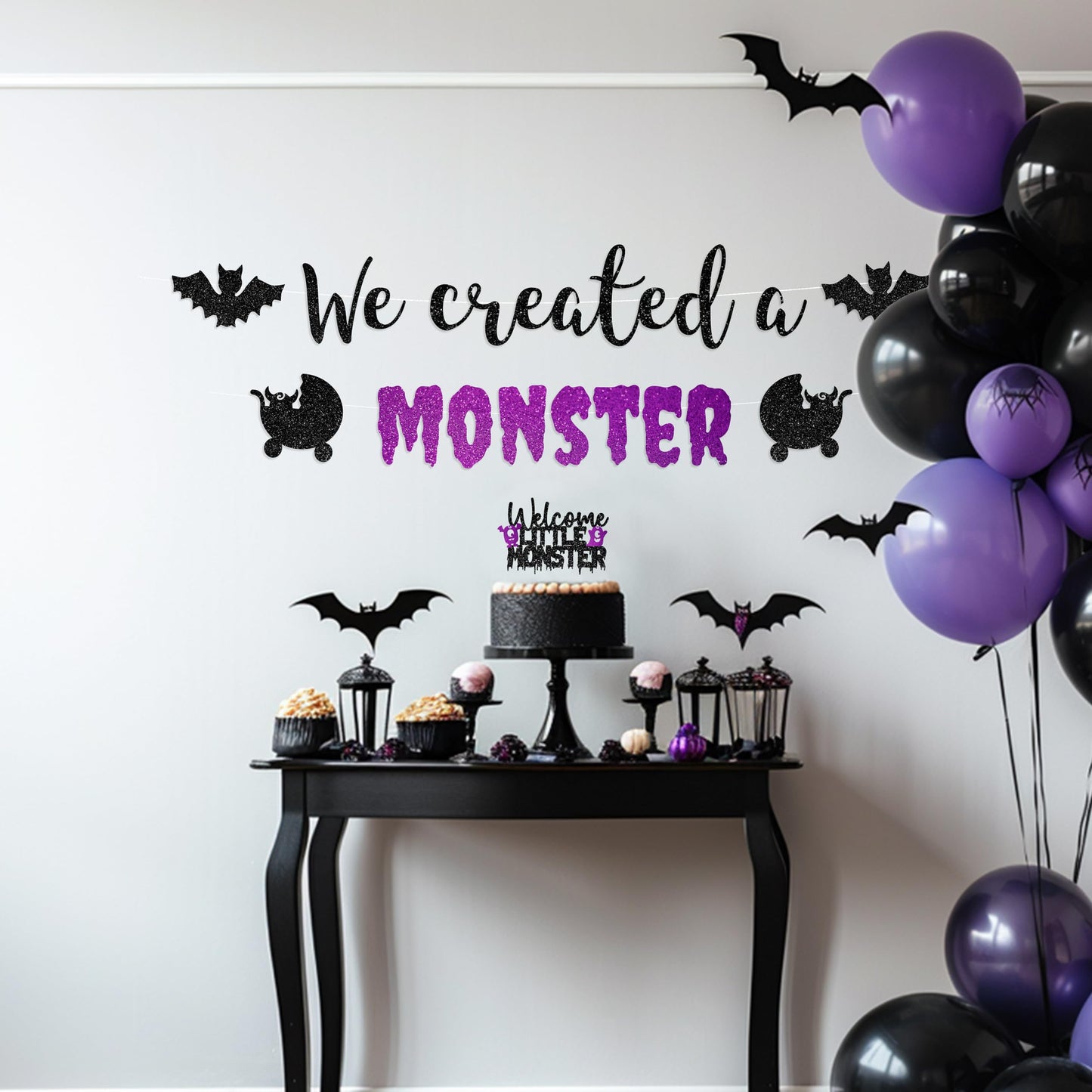 We Created a Monster Baby Shower Decorations – Spooky Baby Shower Banner, Little Monster Cupcake Toppers, Cake Topper & Balloons, Black & Purple Halloween Theme