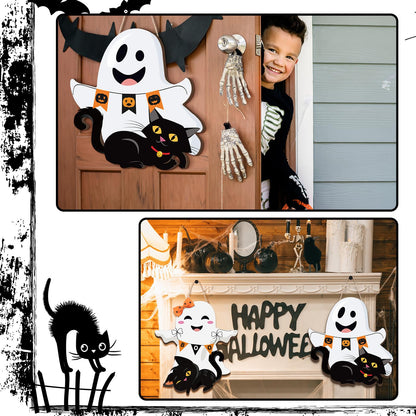 Leinuosen 2 Pcs Halloween Ghost Witch Door Sign Boo Decorations Front Door Hanger Wreath Decor Black Cat Pumpkin Wooden Hanging Sign for Party Supplies (Ghost)