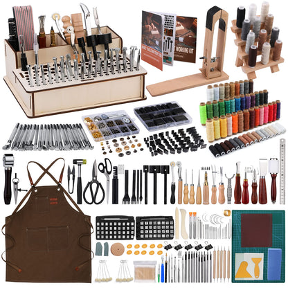 628Pcs Leather Working Tooling Set for Beginners, Starter Working and Tool Supplies with Leather Pony, Tooling Box, Stamping Punching Tools, Sewing Thread, Rivets Kit for DIY Crafts