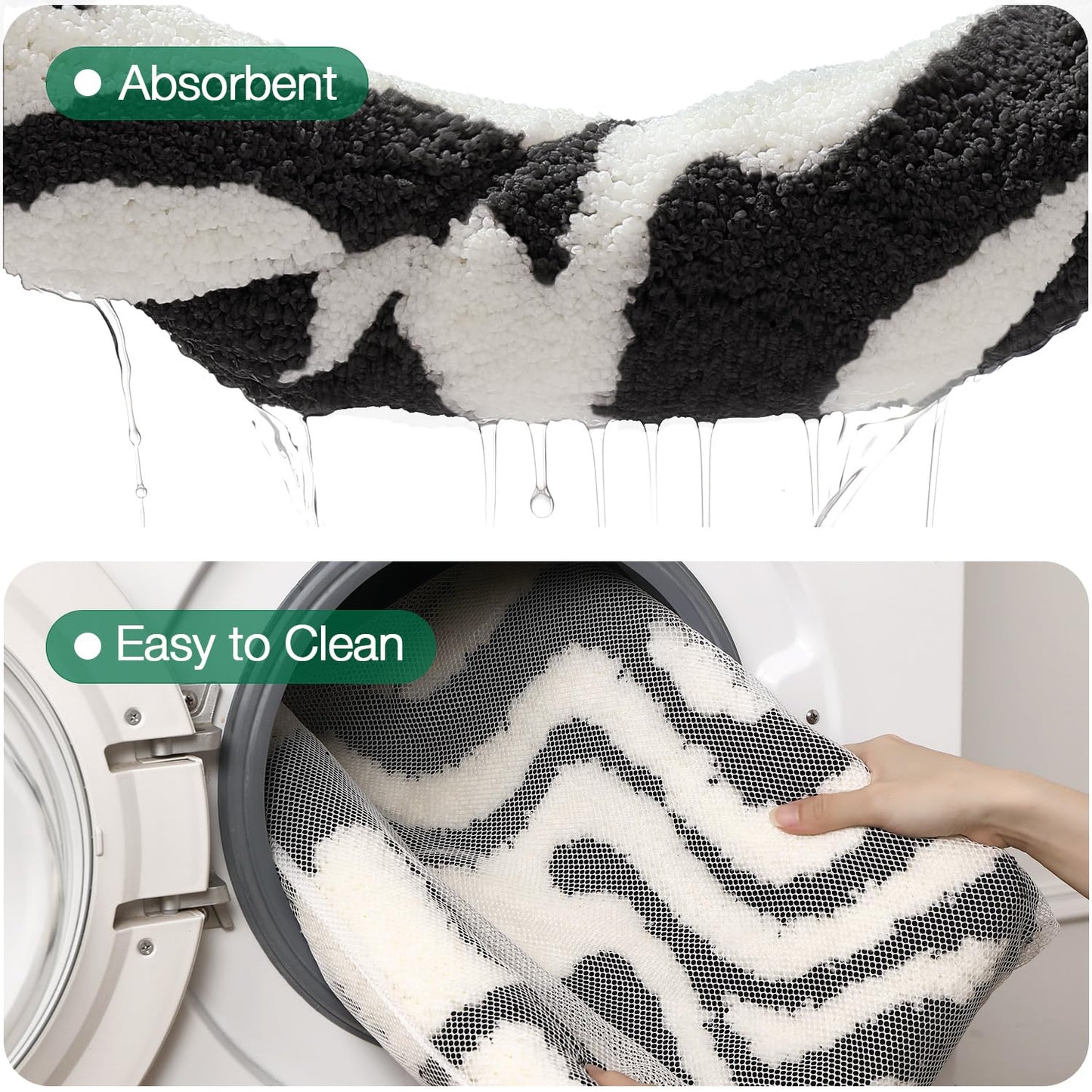 LUMI Non Slip Bathroom Rug Modern Aesthetic, Ultra Soft Absorbent Washable Bath Mats, Quick Dry Premium Floor Rugs for Shower, Tub, Black and White, 24x36