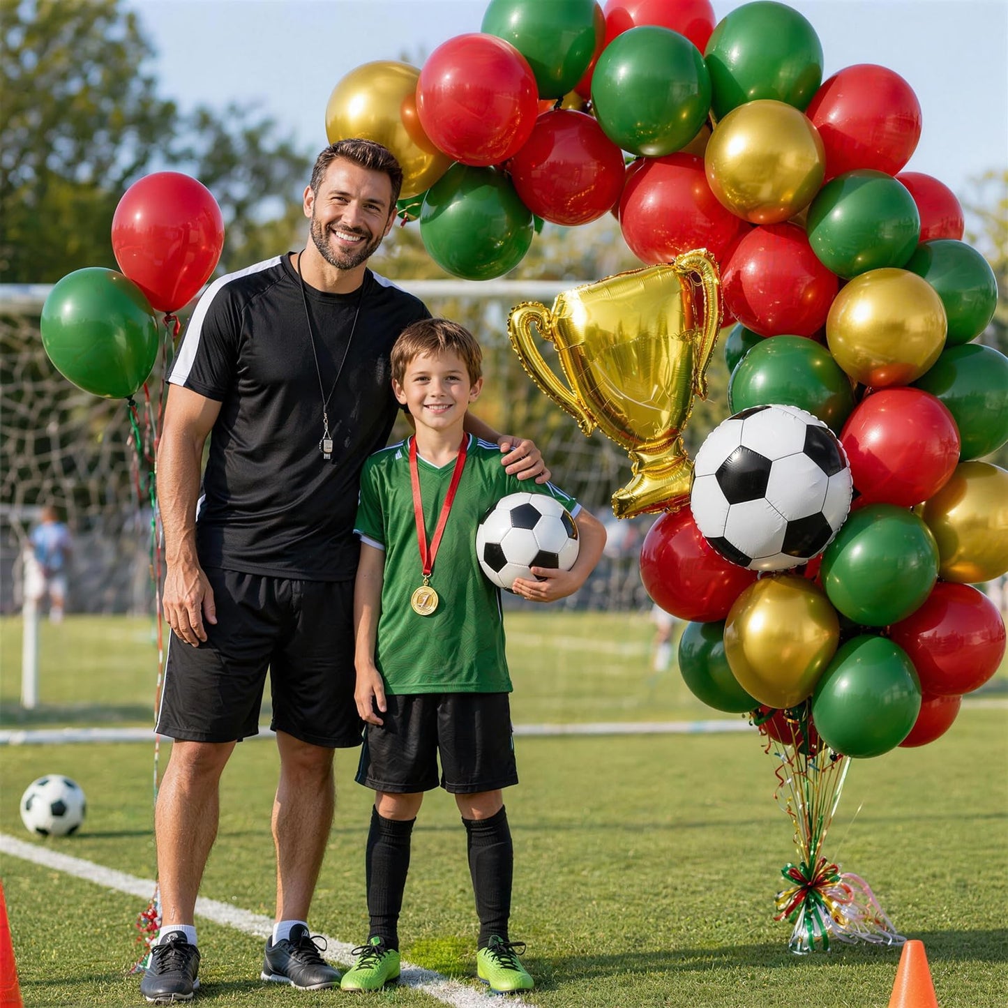 Red and Green Soccer Balloons, 12 Inch Green and Gold Soccer Balloons with 22" Soccer Foil Ball Gold Trophy Balloon for Boys Men Sports Theme Birthday Football Game Day Party Decorations Supplies