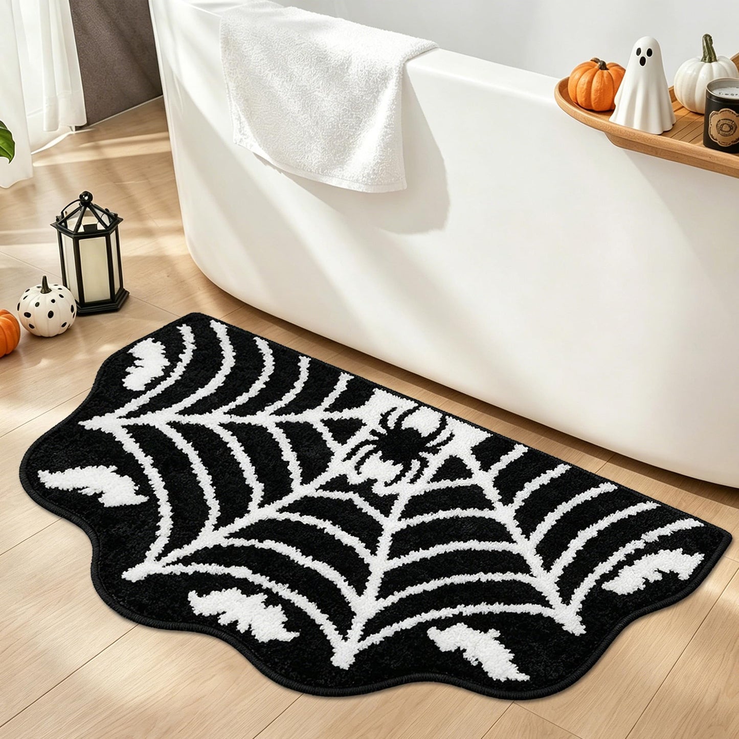 Hexagram Spider Web Bath Mat, Halloween Bathroom Rug 14x27.5 Inches, Halloween Rugs Bathroom Decor, Black Gothic Bath Mat, Ultra Soft Great Absorbency