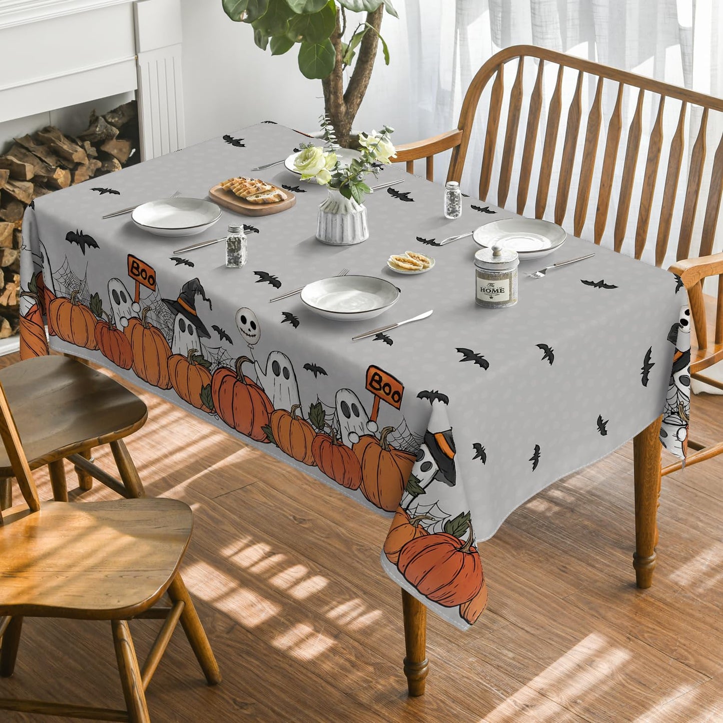 Horaldaily Halloween Tablecloth 60×84 Inch Rectangular, Bat Ghost Pumpkin Grey Washable Seasonal Table Cover for Party Picnic Dinner Decor