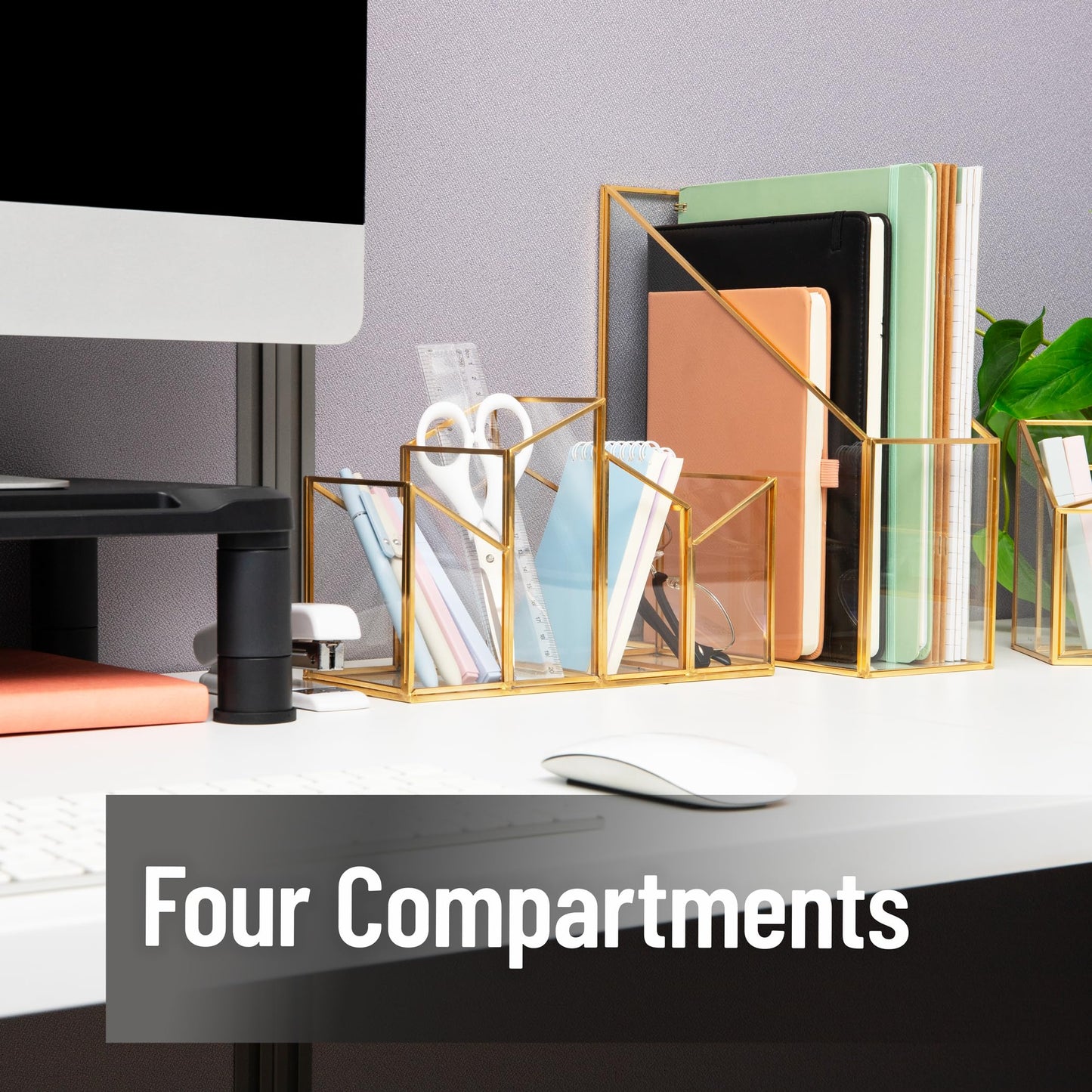 Mind Reader 4-Compartment Angled Glass Pen Holder with Copper Trim, Desktop Organizer for Office Supplies & Accessories, Glass and Copper, Clear