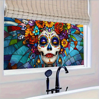HOMETITUTE Day of The Dead Window Film 39.3x17.7 Inch Sugar Skull Cling Dia de Los Muertos Gothic Halloween Window Sticker for Glass Decor Calavera Removable Window Art for Home Office