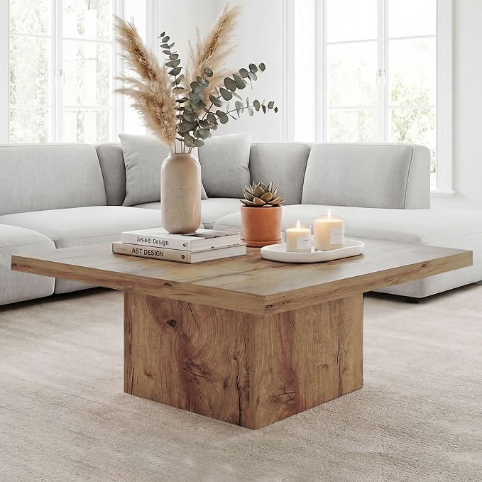 HOMCOM Square Coffee Table, Center Table with 1.6" Thick Tabletop for Living Room, Easy Assembly, 31.5"x31.5", Light Brown Wood Grain