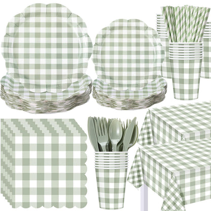Funnymoom 452 Pcs Sage Green Gingham Party Supplies for 50 Guests, Green Gingham Paper Plates Napkins Cup Tablecloth Disposable Tableware for BBQ Picnic Birthday Baby Shower Wedding Party Decoration