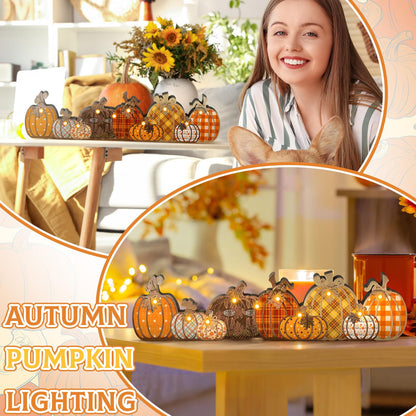 Yousoontic Fall Pumpkin Decor Table Centerpieces Halloween Wooden Pumpkin Sign Decorations with LED Lights 3D Block Autumn Harvest Farmhouse Fall Thanksgiving Decor for Home Mantel Desk Office Party