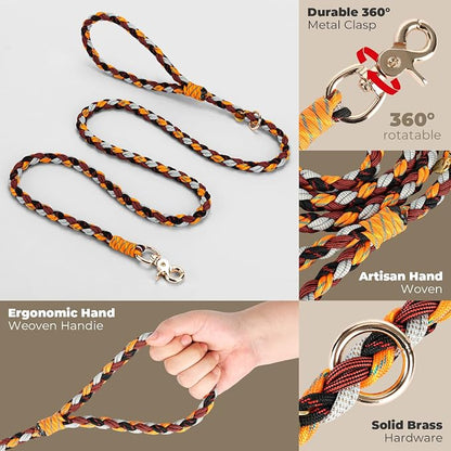 Tirevt Hand-Woven Dog Collar and Leash Set:Color-Block Design, Premium Reinforced Buckle, Adjustable Artisan Paracord for Puppies, Small, Medium & Large Dogs (Orange, XL)