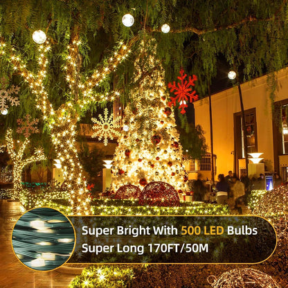 Tcamp 164 Feet 500 LED Christmas Lights, 8 Modes Christmas Tree Lights with Timer Memory Function, Green Wire Starry Fairy String Light for Xmas Tree Halloween Outdoor Indoor Decor (Warm White)