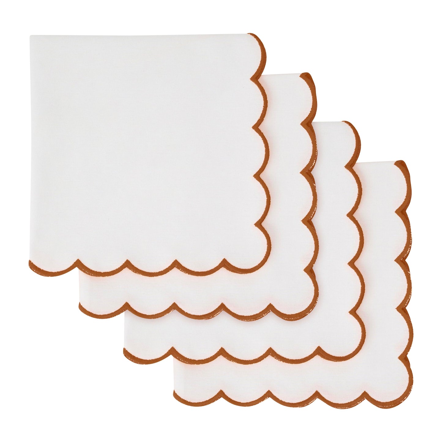 Blue Needles Scalloped Embroidery Cloth Napkins - 100% Cotton Set of 4 White Cloth Napkins with Scallop Design, 17 X 17 Inch Soft, Reusable, Washable Spring Summer Easter Table Decor - Edges - Rust