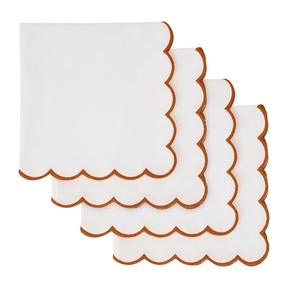 Blue Needles Scalloped Embroidery Cloth Napkins - 100% Cotton Set of 4 White Cloth Napkins with Scallop Design, 17 X 17 Inch Soft, Reusable, Washable Spring Summer Easter Table Decor - Edges - Rust