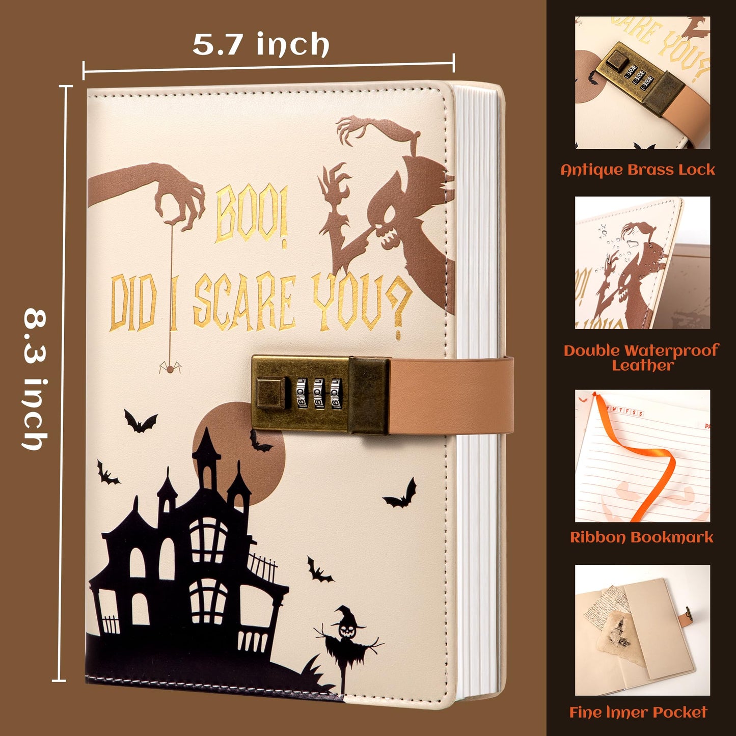 CAGIE Journal with Lock for Women Men, A5 Locked Journal with Pumpkin Pen Set, Halloween Notebook with Combination Lock 192 Pages Diary with Lock, 5.7x 8.3 Inches, White