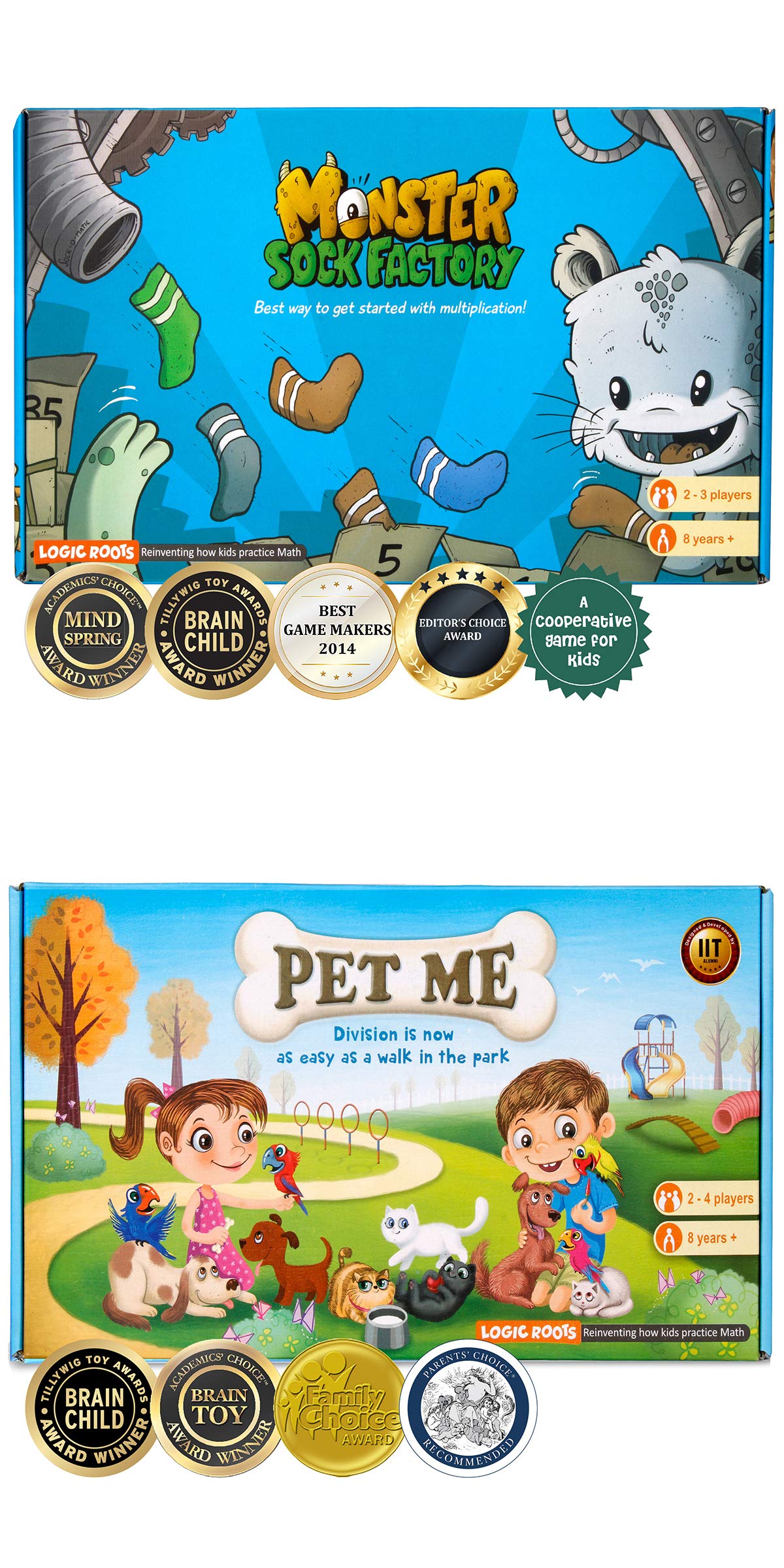Logic Roots Two Math Games for Kids - Learn Addition, Subtraction, and Multiplication Table | Educational Games for Kids 5 and up for Kids (Pet Me + Monster Sock Factory)