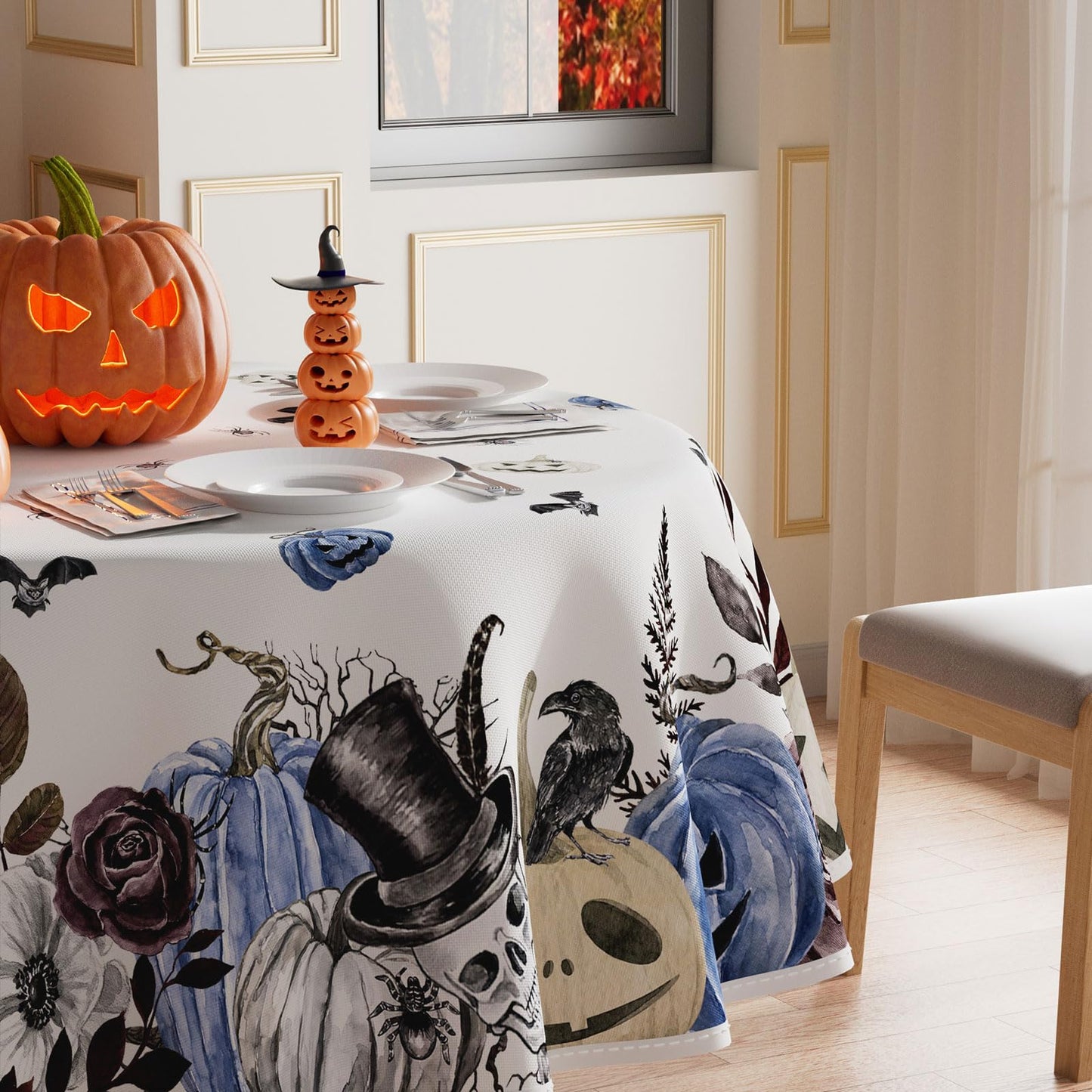 XCHI Skeleton Blue Flowers Spooky Halloween Tablecloth Round Washable Table Covers for Indoor Outdoor Dining Home Party Decorations Table Cloth 60x60 Inch