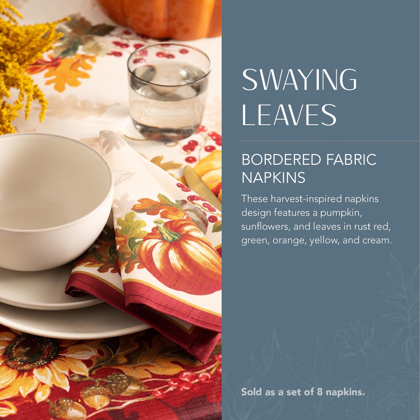 Elrene Home Fashions Swaying Leaves Bordered Fall Napkins, Seasonal Dinner Napkins for Formal or Everyday Use, 17" x 17", Set of 8
