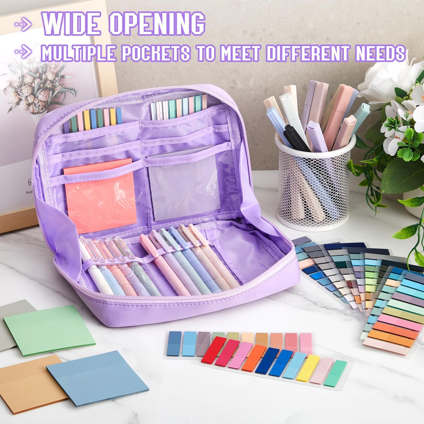 Trandraft 135 Pcs Book Annotation Kit Aesthetic Pencil Case Bag 12 Highlighter 11 Gel Pen 1 Marker 300 Sheet Transparent Sticky Notes Pad 2640 Index Stickers Bible Study Supplies(Kawaii,Purple)