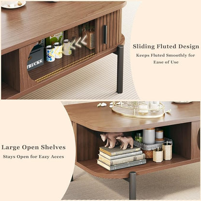 Coffee Table, 39.4" Fluted Coffee Table for Living Room, Mid Century Modern Table with Sliding Cabinet Door 2-Tier Rustic Wood Desktop with Storage Open Shelf, Walnut