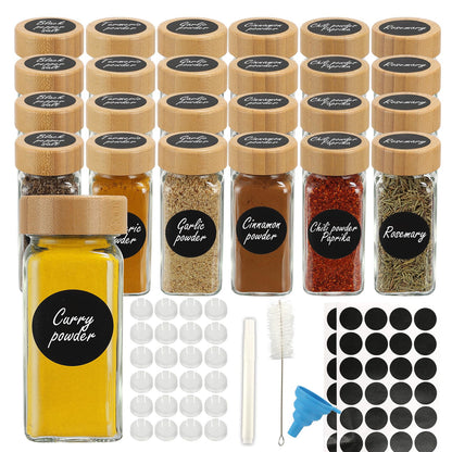 MYQYBRO 24Pcs Glass Spice Jars with Labels, 4oz Spice Containers with Bamboo Lids, Square Seasoning Containers Trial and Supplement Set for Spice Rack, Drawer, Cabinet