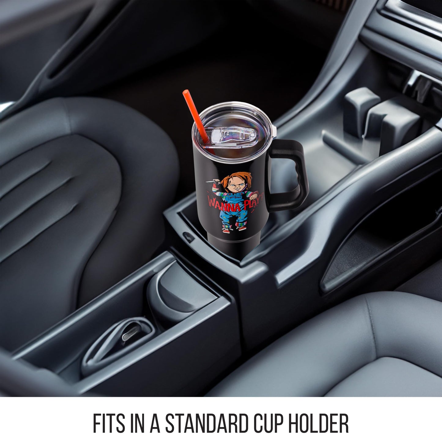 Silver Buffalo Chucky Holding Knife Wanna Play Spooky Scary Double Walled Stainless Steel Tumbler with Handle and Straw, Fits in Standard Cup Holder, 40 Ounces