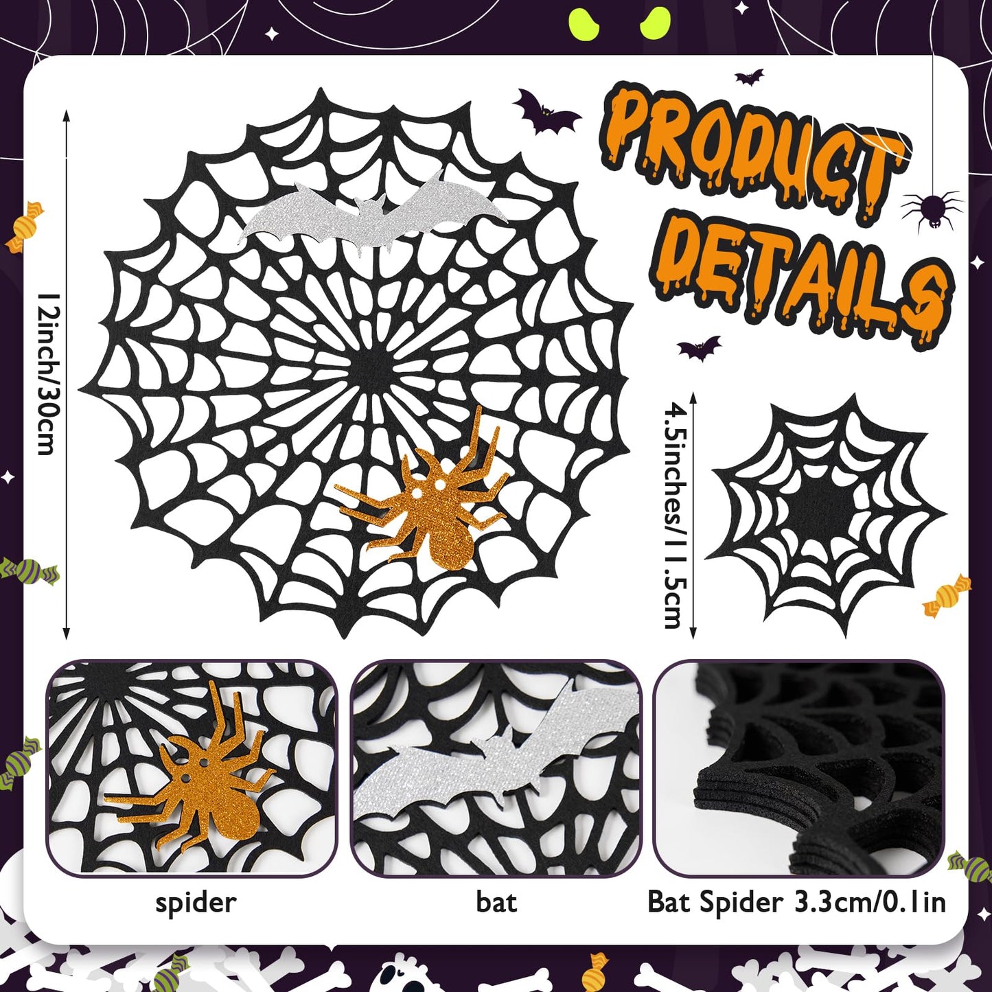Halloween Spider Web Placemats Set of 8, Hollow Out Spider Web Dining Table Decor, Ideal for Holiday Party Decorations