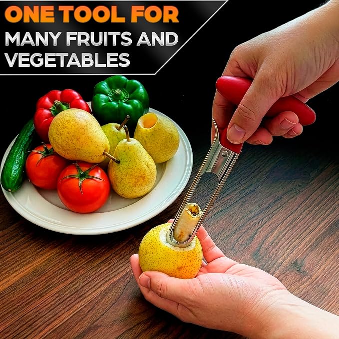 Apple Corer Tool - Apple Core Remover with Ergonomic Red Handle, Durable Food-Safe Stainless Steel 7.3" Fruit Corer for Apples, Peppers, Tomatoes, Cupcakes, Spring Baking & Summer Pies, Easy to Clean