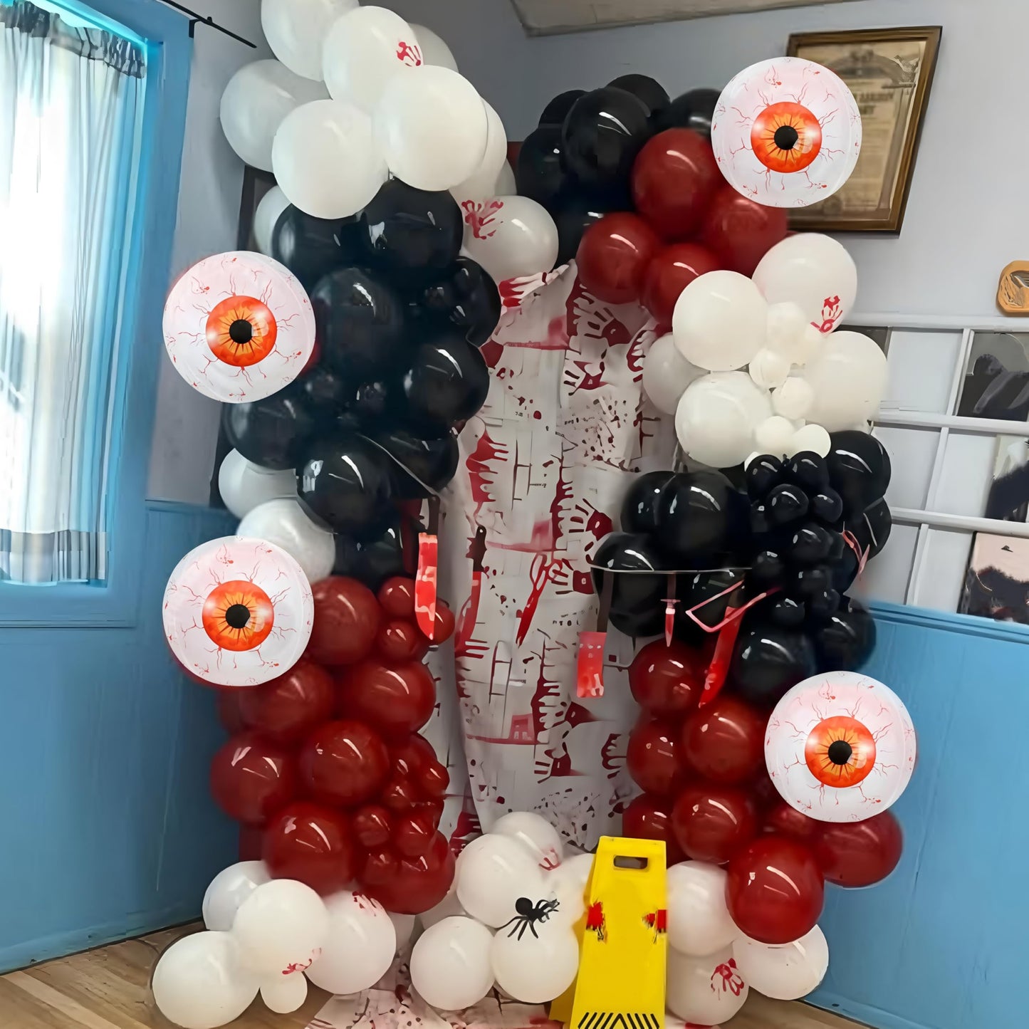 Halloween Balloons Arch Scary Bloody Red White Balloons Garland with Spider Web 3D Spider Stickers Eyeball Blood Handprint Latex Helium Balloon Halloween Birthday Party Decorations Haunted House