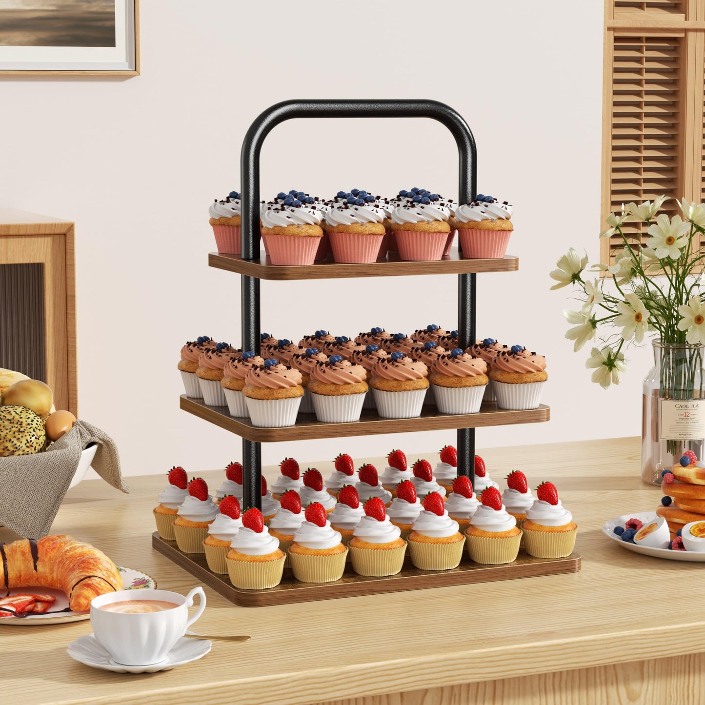 Aminigram Wooden Cupcake Stand, 3 Tier Large Cupcake Tower Stand 50 Cupcakes, Dessert Tiered Tray Stand for Party, Wedding, Birthday, Halloween, Farmhouse Decor