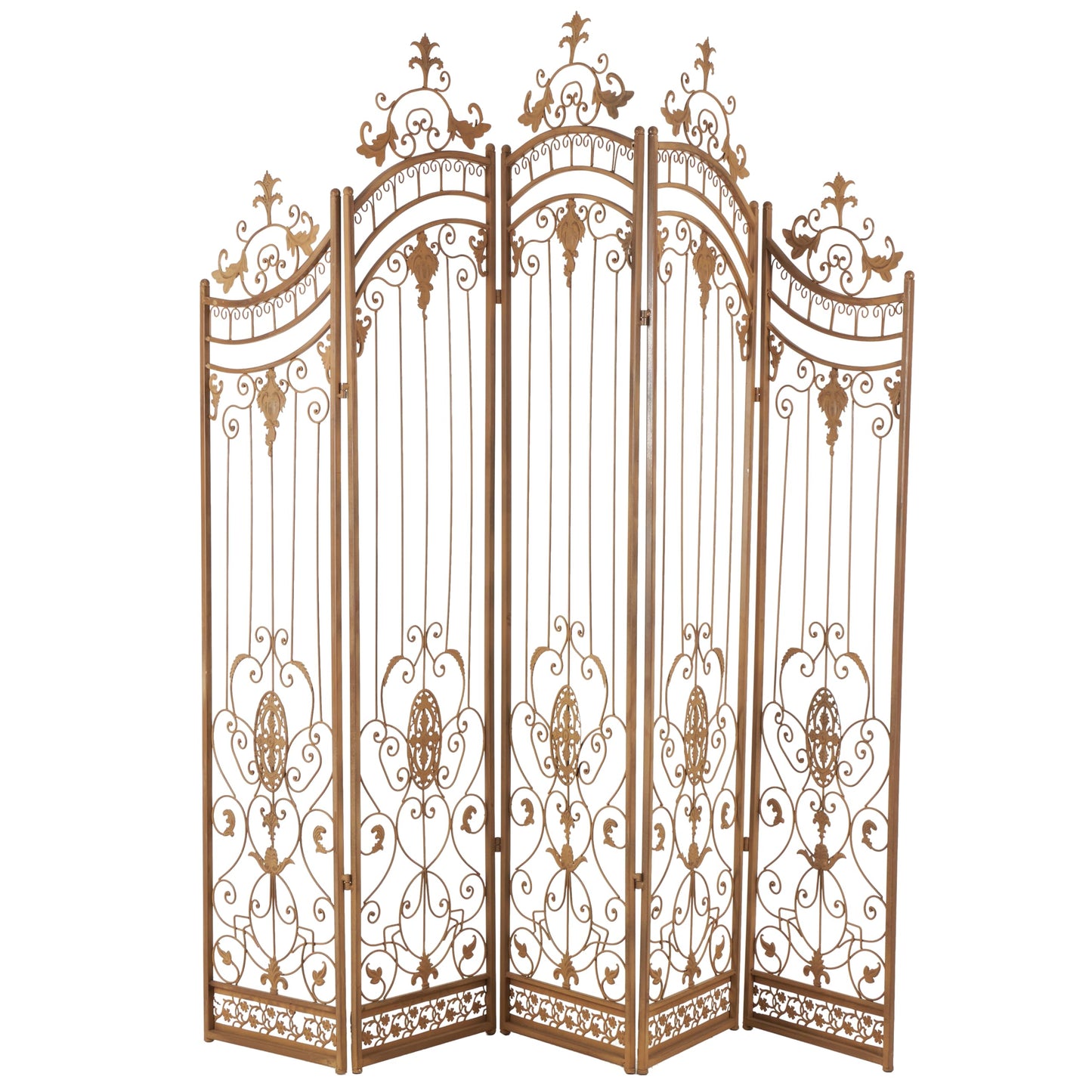 Deco 79 Metal Partition Room Divider Screen Hinged Foldable Arched Partition 5 Panel Privacy Screen with Relief Acanthus Design, Room Partition 80" x 1" x 80", Bronze
