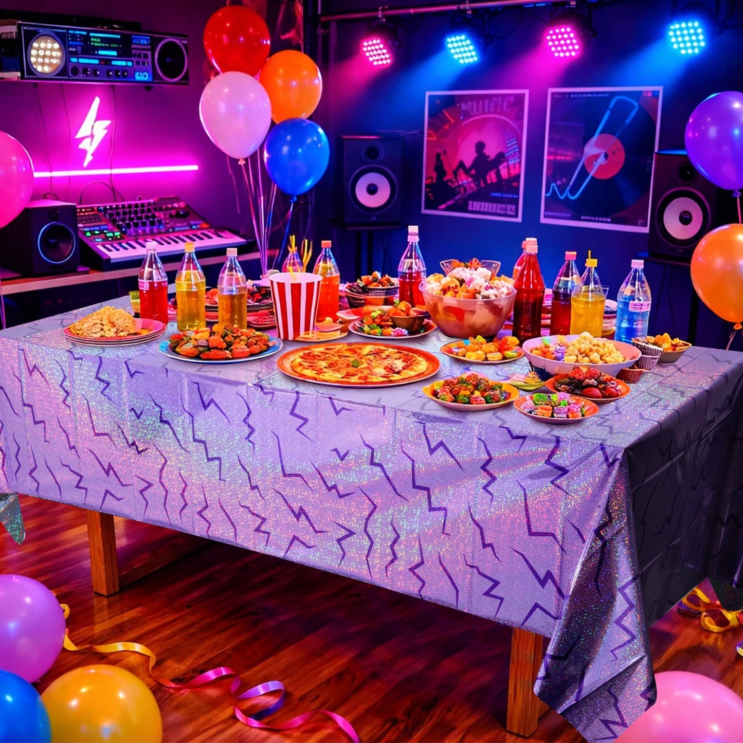 Hauwellter 6 Pack Iridescent Purple Kpop Plastic Tablecloth 54x108 Inch, Holographic Laser Disposable Table Cover, Rectangle Purple Table Cloth for Kpop Disco Halloween Birthday Party Decorations