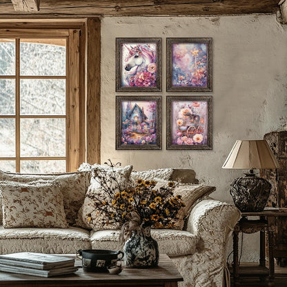 Locomiss Enchanted Forest Fantasy Horse Floral Wall Art Decor, Whimsical Mystical Fairytale Carriage Prints Posters for Girl Nursery Toddler Girls Room Bedroom Wall Decor, Set of 4, 8x10 Unframed
