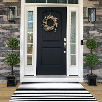 Bottalive Black and White Outdoor Rug 3' x 5' Striped Front Porch Rug Hand-Woven Cotton Rug Machine Washable Floor Mat Indoor/Outdoor Area Rug for Layered Door Mats/Farmhouse/Living Room (3' x 5')