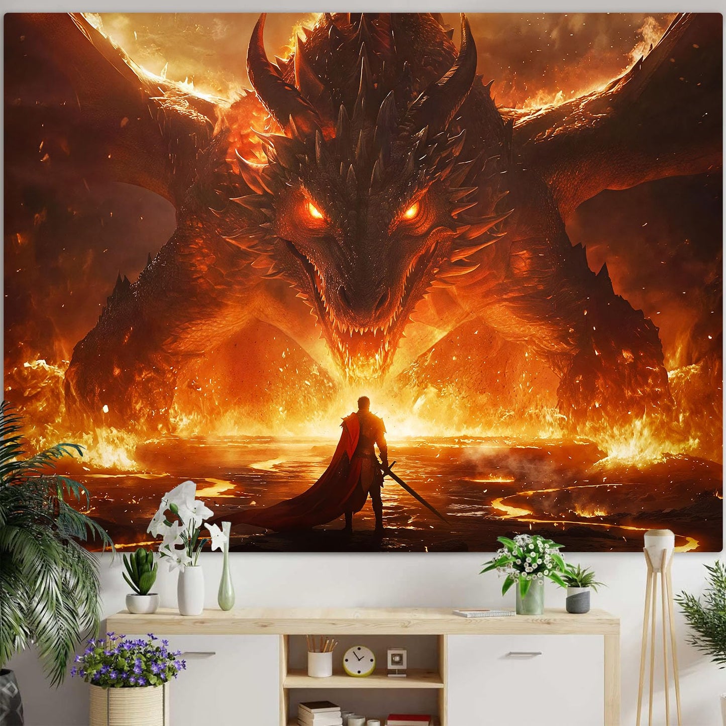 Spenlife Flaming Dragon Showdown Wall Tapestry, Fantasy Brave Warrior Tapestries for Room Decor, Intense Tapestry 60x44 Inch