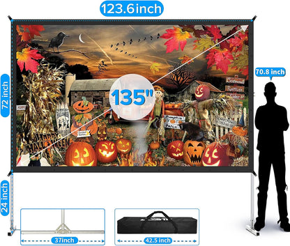 Projector Screen and Stand,JWSIT 135 inch Outdoor Movie Screen-Upgraded 3 Layers PVC 16:9 Outdoor Projector Screen,Portable Video Projection Screen with Carrying Bag for Home Theater Backyard