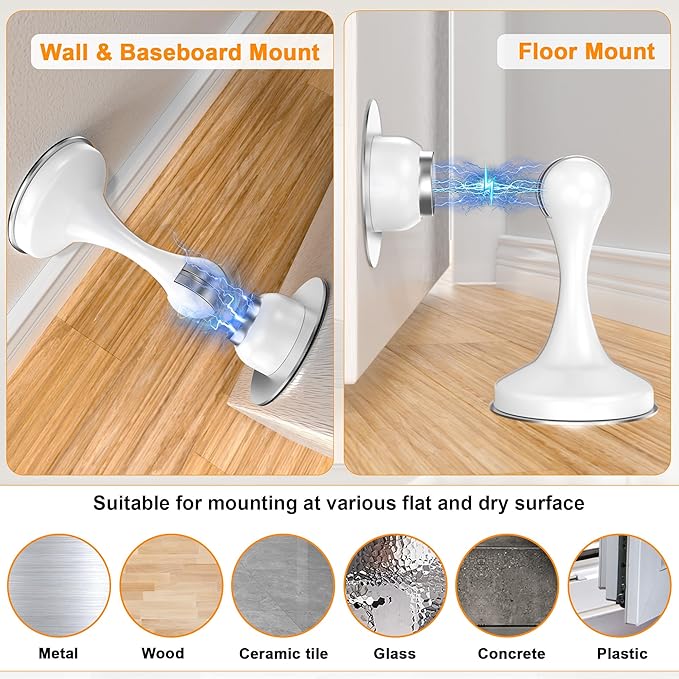 Crosize Magnetic Door Stoppers 1 Pack, Stainless Steel Door Stops for Wall and Floor Mounting, Door Holder Keep Door Open, No Drilling Door Stop with Adhesive Tapes, White
