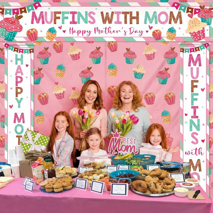 Fanfanwin 3 Pcs Happy Mother's Day Banner Muffins with Mom Decoration Mothers Day Banner Cake Love Mom Thank You Mama Party Supplies for Women Mama Wife Photo Booth Studio Props