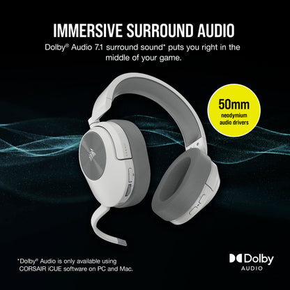 Corsair HS55 Wireless Multiplatform Lightweight Gaming Headset with Bluetooth - Dolby 7.1 Surround Sound - iCUE Compatible - PC, PS5, PS4, Nintendo Switch, Mobile - White