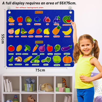 PENGFULL Felt Fruits and Vegetables Learning Pieces,62 Felt Flannel Board Pieces,Learn Common Fruits and Vegetables and Words for Kindergarten,Preschool,Toddlers