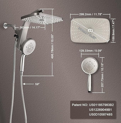 BOZYBO Rain Shower Head with Handheld: High Pressure Shower Heads with Handheld Spray Combo, 12" Rainfall Shower Head and 9 Sprays Hand Showerheads with Magnetic Docking and Power Jets, Nickel 1.75GPM
