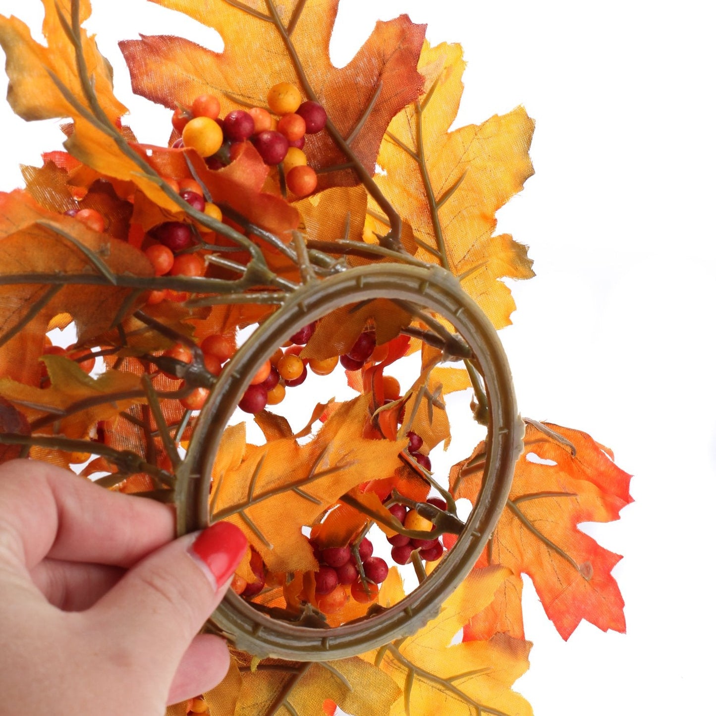 Factory Direct Craft Fall Oak Leaf Candle Rings with Autumn Berries - Set of 4 Artificial Floral Pillar Candle Wreath Rings for Thanksgiving and Halloween Tables Fall Decor Wedding Centerpieces