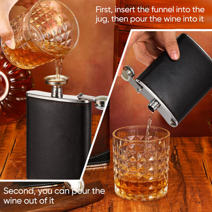 Domensi 6 Set Hip Flask Gift Set Flask for Liquor for Men with Black Leather Cover 8 oz Hip Flask Set 18/8 Stainless Steel Hip Flasks with 2 Cups & Funnel for Men Gift Box, Camping, Wedding Party